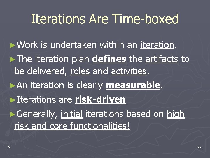 Iterations Are Time-boxed ►Work is undertaken within an iteration. ►The iteration plan defines the