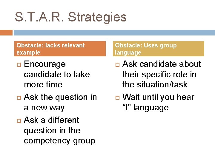 S. T. A. R. Strategies Obstacle: lacks relevant example Encourage candidate to take more