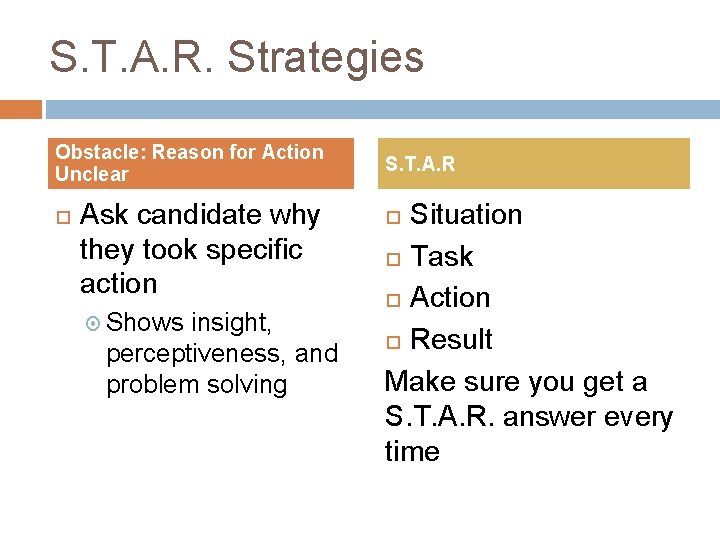 S. T. A. R. Strategies Obstacle: Reason for Action Unclear Ask candidate why they
