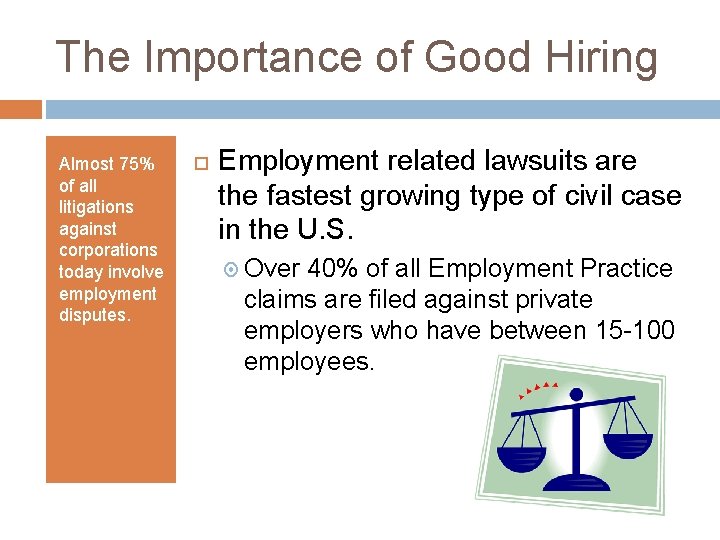 The Importance of Good Hiring Almost 75% of all litigations against corporations today involve