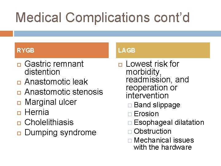 Medical Complications cont’d RYGB Gastric remnant distention Anastomotic leak Anastomotic stenosis Marginal ulcer Hernia