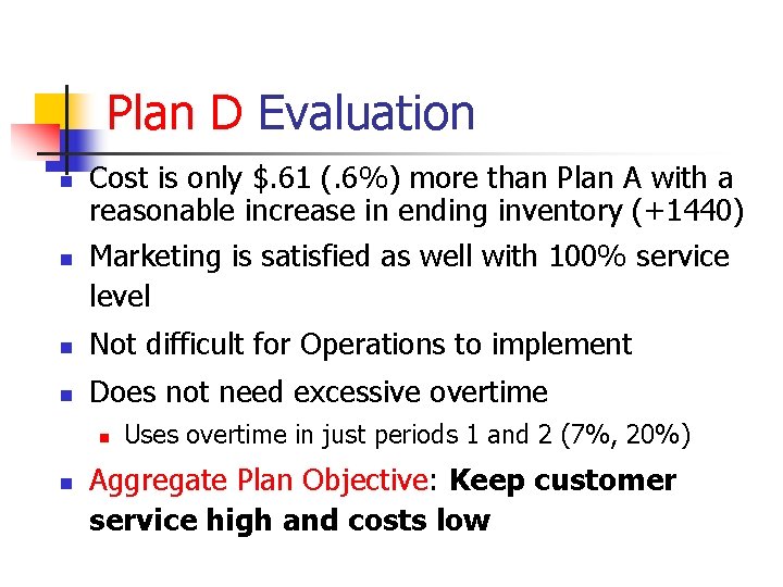 Plan D Evaluation n n Cost is only $. 61 (. 6%) more than