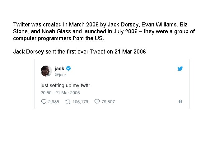 Twitter was created in March 2006 by Jack Dorsey, Evan Williams, Biz Stone, and