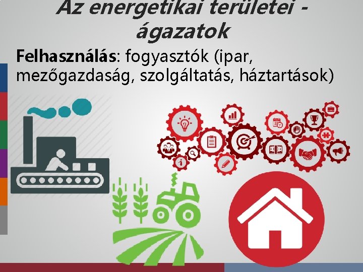 Az energetikai területei ágazatok Felhasználás: fogyasztók (ipar, mezőgazdaság, szolgáltatás, háztartások) 