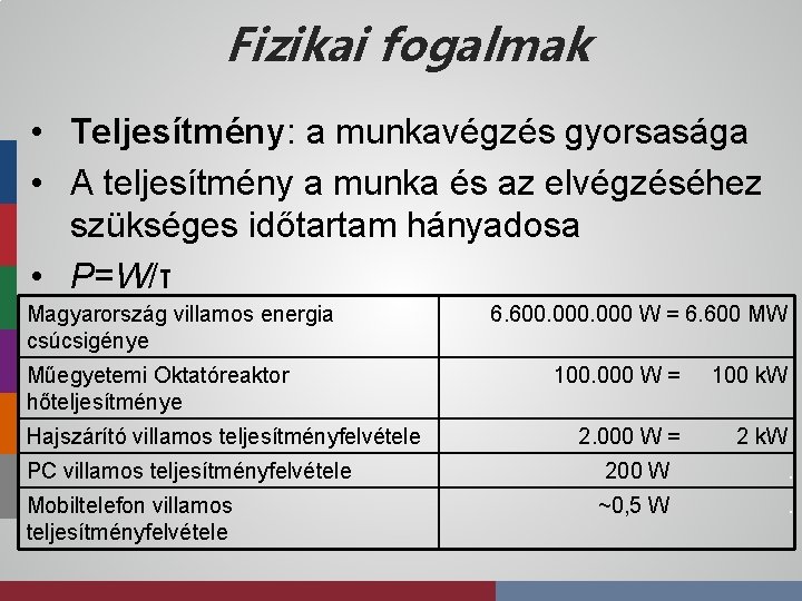 Fizikai fogalmak • Teljesítmény: a munkavégzés gyorsasága • A teljesítmény a munka és az