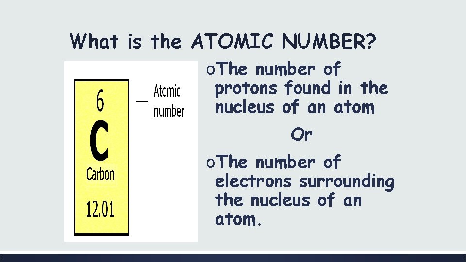 What is the ATOMIC NUMBER? o. The number of protons found in the nucleus