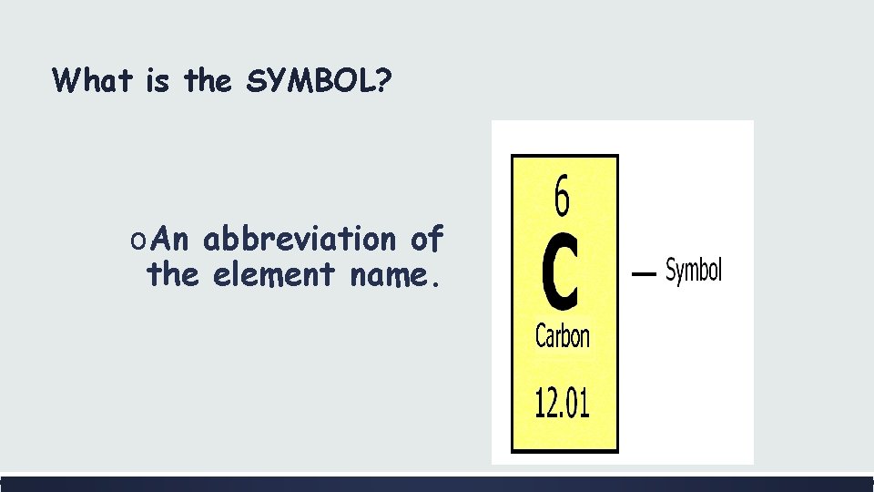 What is the SYMBOL? o. An abbreviation of the element name. 