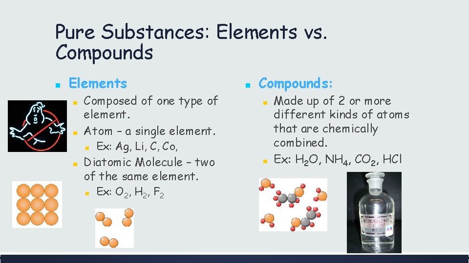 Pure Substances: Elements vs. Compounds ■ Elements ■ ■ Composed of one type of