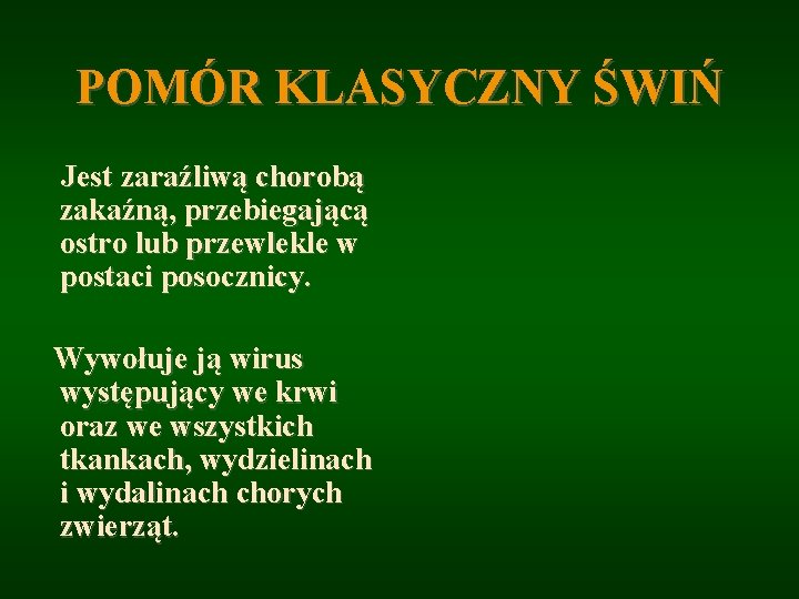 POMÓR KLASYCZNY ŚWIŃ Jest zaraźliwą chorobą zakaźną, przebiegającą ostro lub przewlekle w postaci posocznicy.