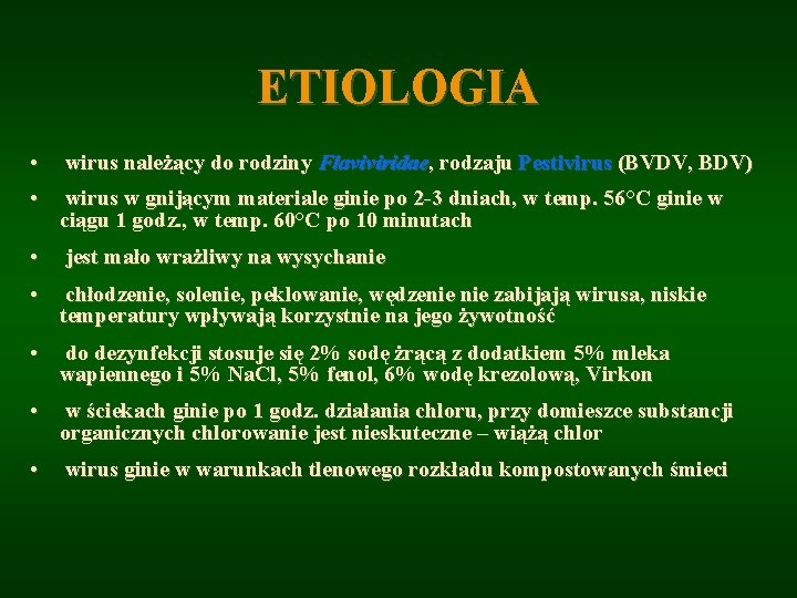 ETIOLOGIA • wirus należący do rodziny Flaviviridae, rodzaju Pestivirus (BVDV, BDV) • wirus w