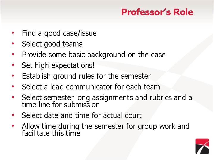 Professor’s Role • • • Find a good case/issue Select good teams Provide some