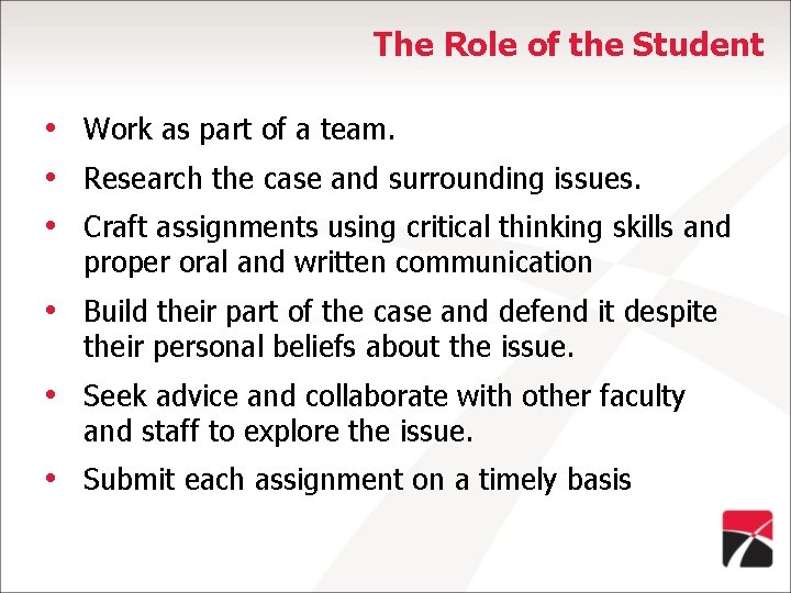 The Role of the Student • Work as part of a team. • Research
