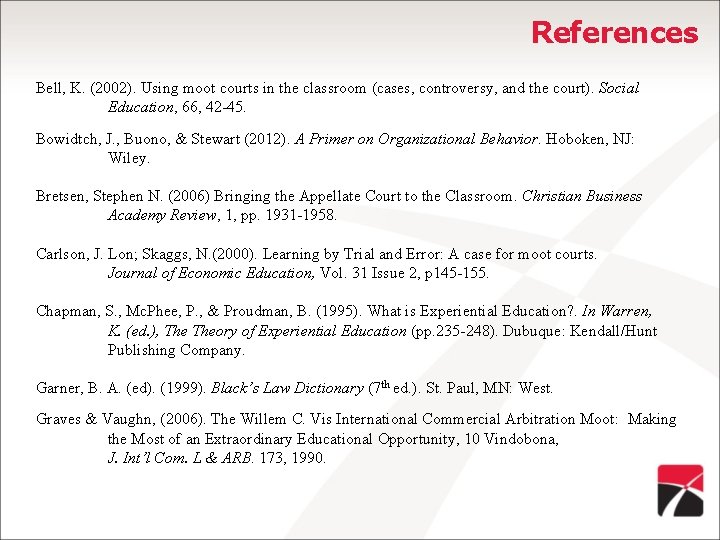 References Bell, K. (2002). Using moot courts in the classroom (cases, controversy, and the