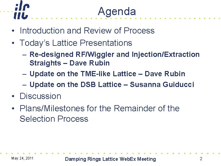 Agenda • Introduction and Review of Process • Today’s Lattice Presentations – Re-designed RF/Wiggler