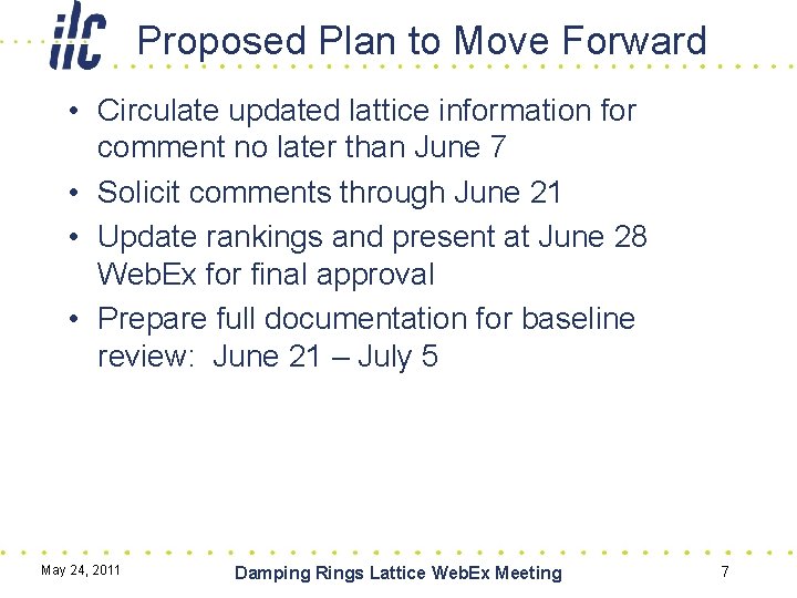 Proposed Plan to Move Forward • Circulate updated lattice information for comment no later