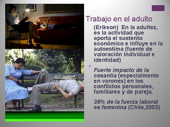 Trabajo en el adulto + (Erikson) En la adultez, es la actividad que aporta