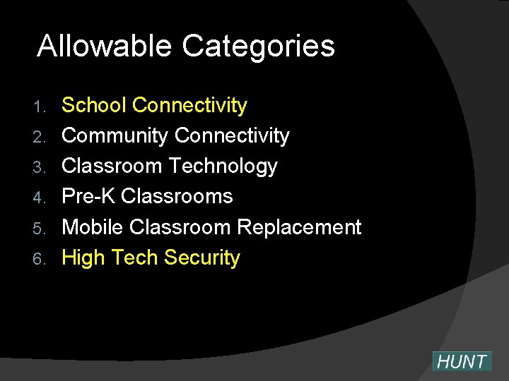 Allowable Categories 1. 2. 3. 4. 5. 6. School Connectivity Community Connectivity Classroom Technology