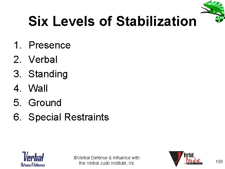 Six Levels of Stabilization 1. 2. 3. 4. 5. 6. Presence Verbal Standing Wall