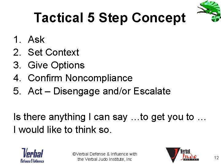Tactical 5 Step Concept 1. 2. 3. 4. 5. Ask Set Context Give Options