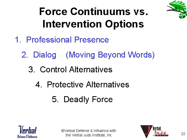 Force Continuums vs. Intervention Options 1. Professional Presence 2. Dialog (Moving Beyond Words) 3.