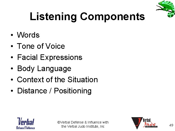 Listening Components • • • Words Tone of Voice Facial Expressions Body Language Context