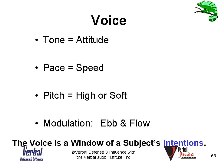 Voice • Tone = Attitude • Pace = Speed • Pitch = High or