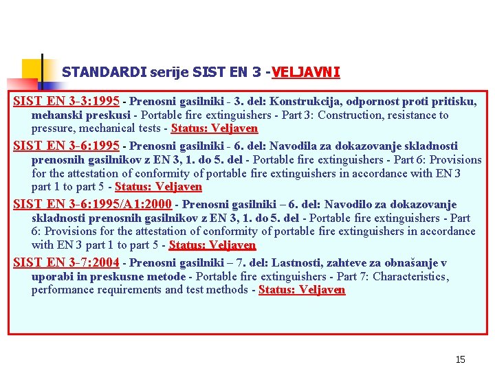 STANDARDI serije SIST EN 3 -VELJAVNI SIST EN 3 -3: 1995 - Prenosni gasilniki