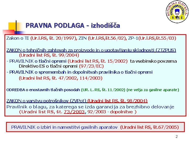 PRAVNA PODLAGA - izhodišča Zakon o TI (Ur. l. RS, št. 20/1997), ZIN (Ur.