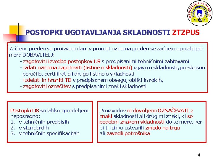 POSTOPKI UGOTAVLJANJA SKLADNOSTI ZTZPUS POSTOPKI UGOTAVLJANJA SKLADNOSTI 7. člen: preden so proizvodi dani v