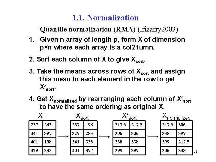 1. 1. Normalization Quantile normalization (RMA) (Irizarry 2003) 1. Given n array of length
