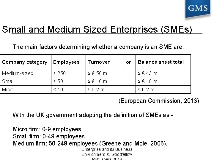 Small and Medium Sized Enterprises (SMEs) The main factors determining whether a company is