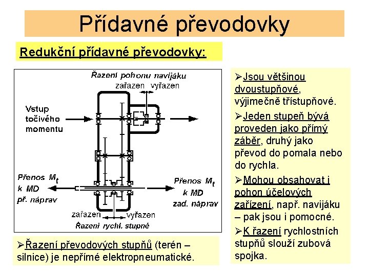 Přídavné převodovky Redukční přídavné převodovky: ØŘazení převodových stupňů (terén – silnice) je nepřímé elektropneumatické.