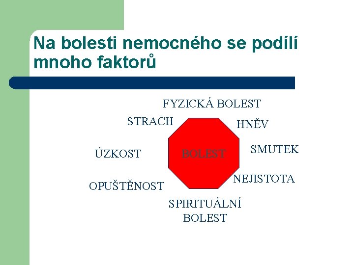 Na bolesti nemocného se podílí mnoho faktorů FYZICKÁ BOLEST STRACH HNĚV ÚZKOST OPUŠTĚNOST SMUTEK