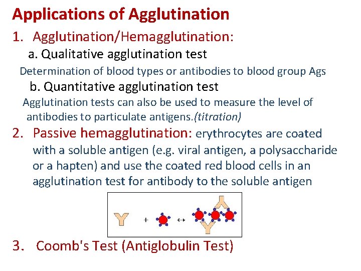 Applications of Agglutination 1. Agglutination/Hemagglutination: a. Qualitative agglutination test Determination of blood types or