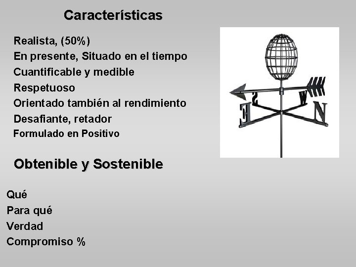 Características Realista, (50%) En presente, Situado en el tiempo Cuantificable y medible Respetuoso Orientado