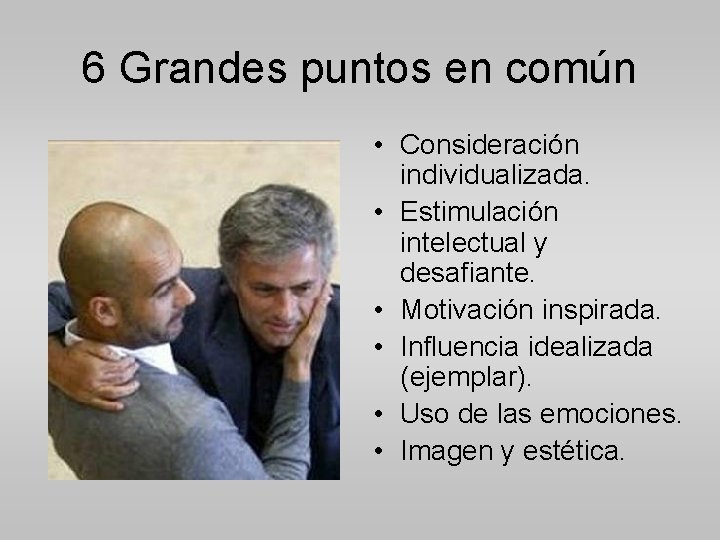 6 Grandes puntos en común • Consideración individualizada. • Estimulación intelectual y desafiante. •