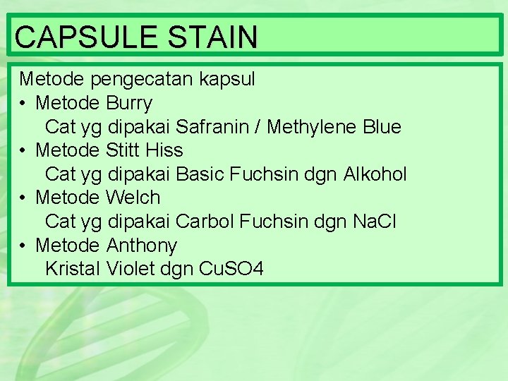 CAPSULE STAIN Metode pengecatan kapsul • Metode Burry Cat yg dipakai Safranin / Methylene