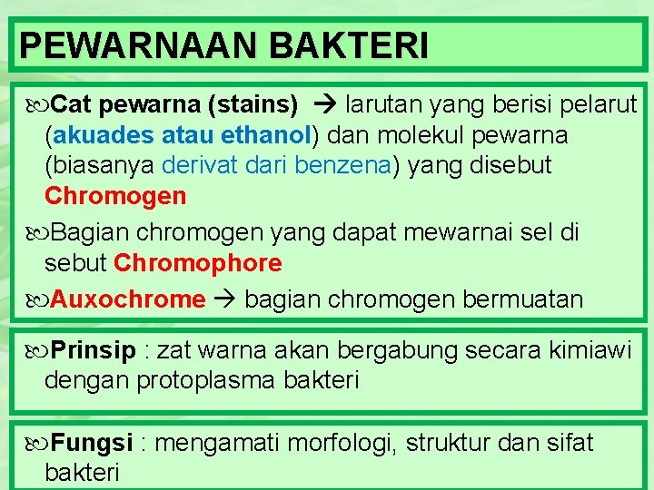 PEWARNAAN BAKTERI Cat pewarna (stains) larutan yang berisi pelarut (akuades atau ethanol) dan molekul