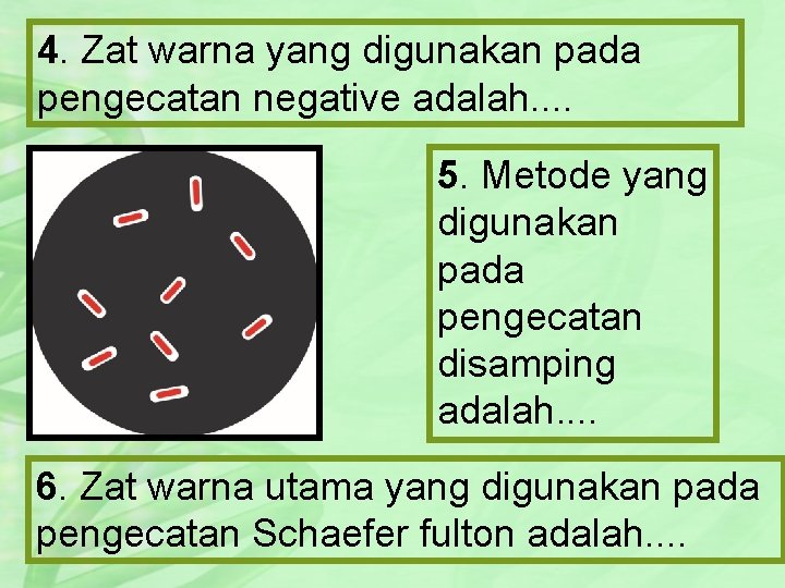 4. Zat warna yang digunakan pada pengecatan negative adalah. . 5. Metode yang digunakan