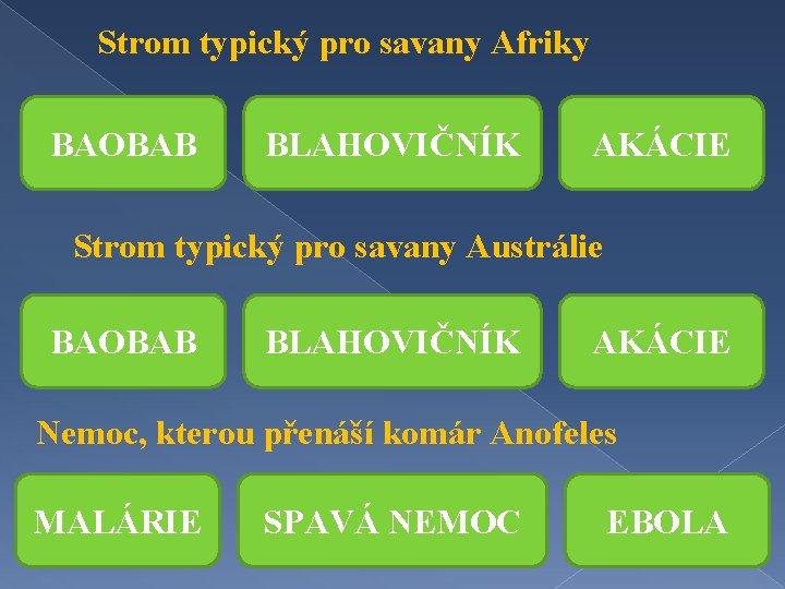 Strom typický pro savany Afriky BAOBAB BLAHOVIČNÍK AKÁCIE Strom typický pro savany Austrálie BAOBAB