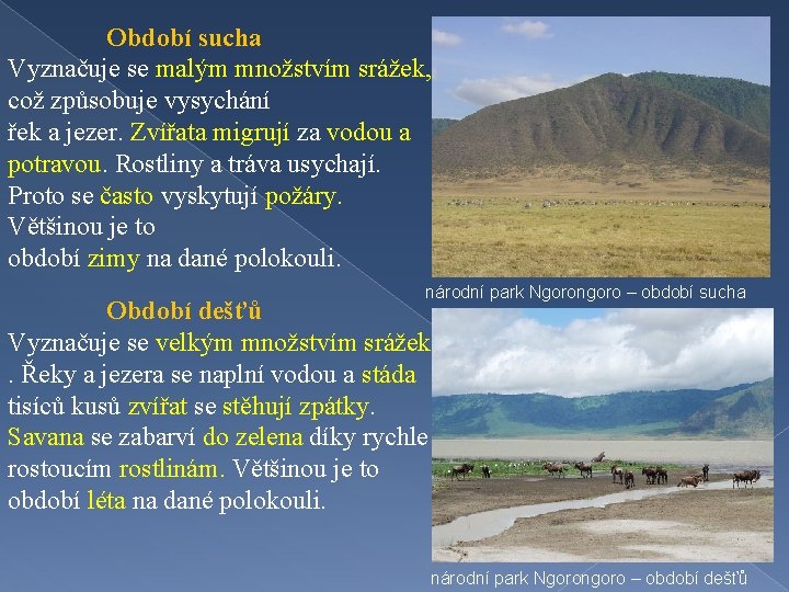 Období sucha Vyznačuje se malým množstvím srážek, což způsobuje vysychání řek a jezer. Zvířata
