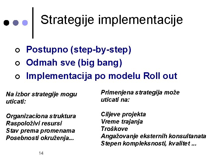 Strategije implementacije ¢ ¢ ¢ Postupno (step-by-step) Odmah sve (big bang) Implementacija po modelu