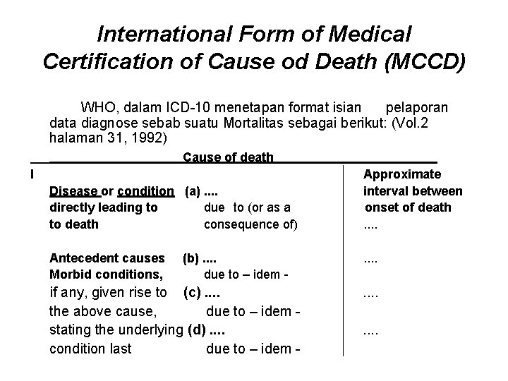 International Form of Medical Certification of Cause od Death (MCCD) WHO, dalam ICD-10 menetapan