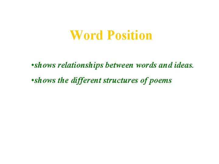 Word Position • shows relationships between words and ideas. • shows the different structures