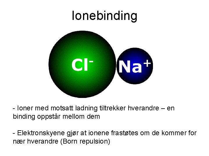 Ionebinding - Ioner med motsatt ladning tiltrekker hverandre – en binding oppstår mellom dem