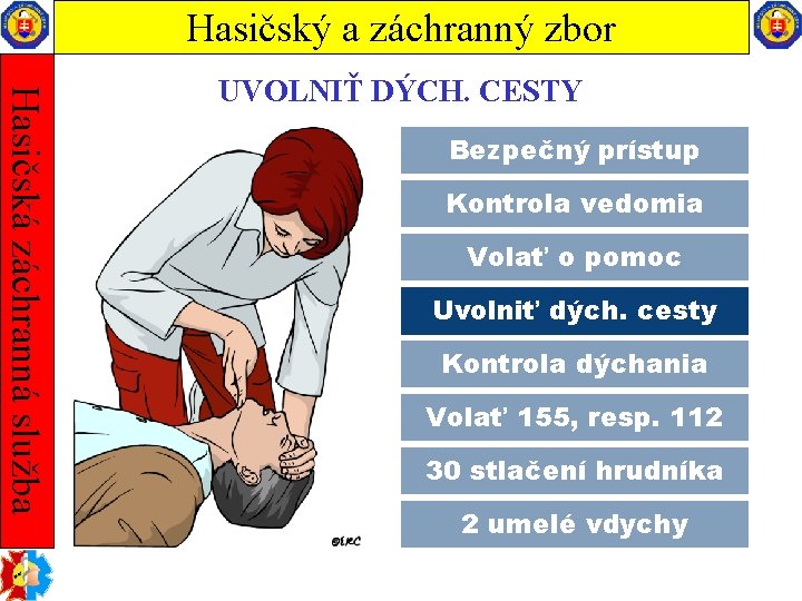 Hasičský a záchranný zbor Hasičská záchranná služba UVOLNIŤ DÝCH. CESTY Bezpečný prístup Kontrola vedomia