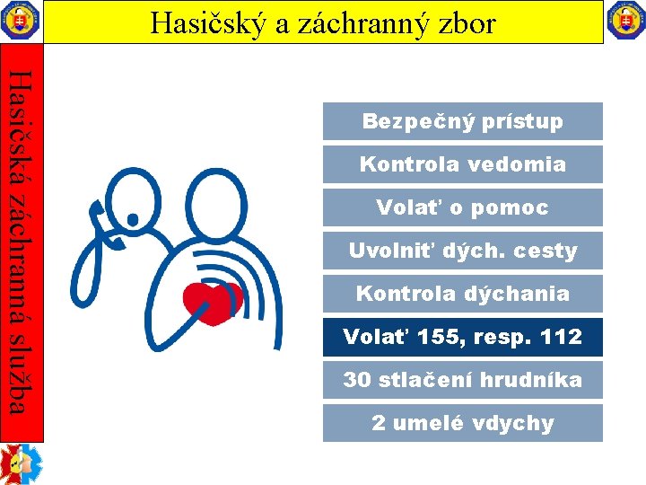 Hasičský a záchranný zbor Hasičská záchranná služba Bezpečný prístup Kontrola vedomia Volať o pomoc