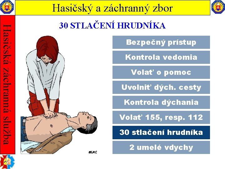 Hasičský a záchranný zbor Hasičská záchranná služba 30 STLAČENÍ HRUDNÍKA Bezpečný prístup Kontrola vedomia