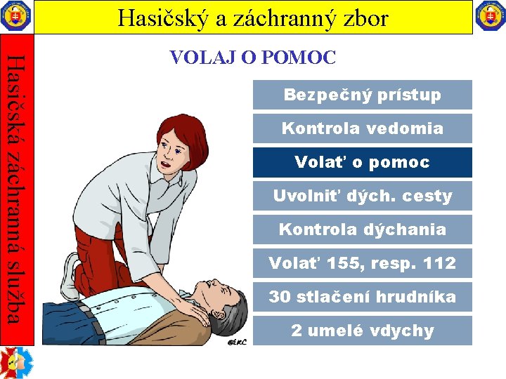 Hasičský a záchranný zbor Hasičská záchranná služba VOLAJ O POMOC Bezpečný prístup Kontrola vedomia