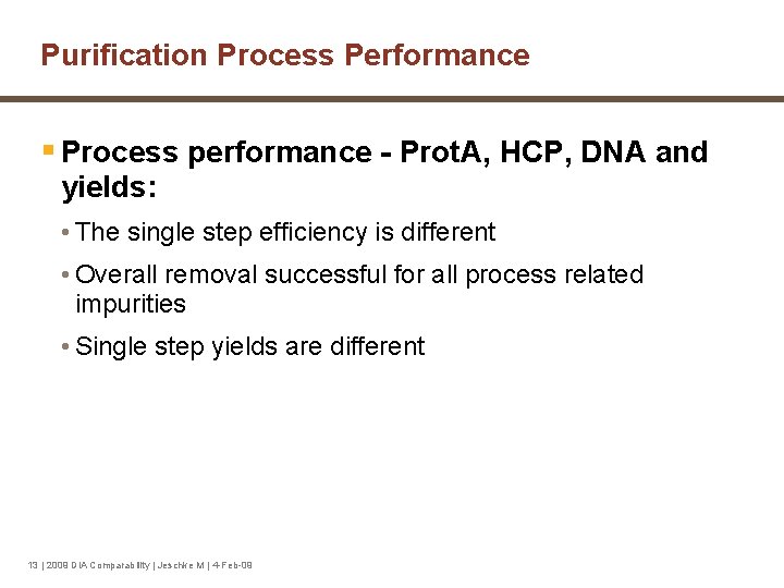 Purification Process Performance § Process performance - Prot. A, HCP, DNA and yields: •